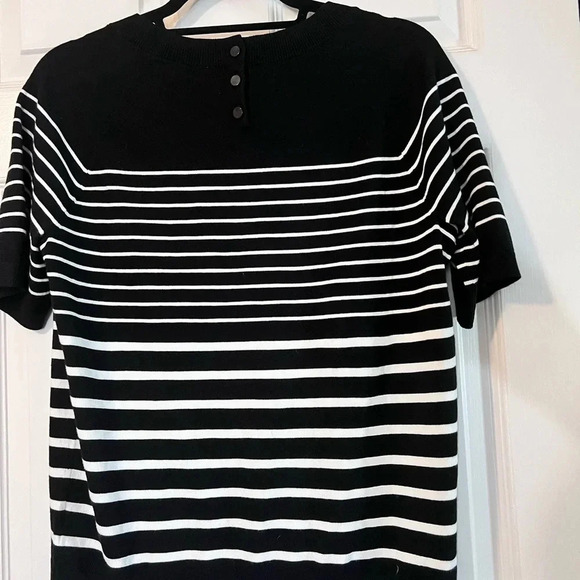 TALBOTS Black & White Stripe Cotton Blend, Short Sleeve Sweater, Medium - Picture 2 of 5